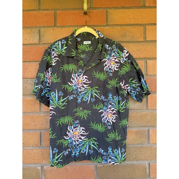 KENZO Bamboo Camp Shirt Paris‎ Hawaiian Black Short Sleeve Blouse XL RUNS SMALL - Picture 1 of 14